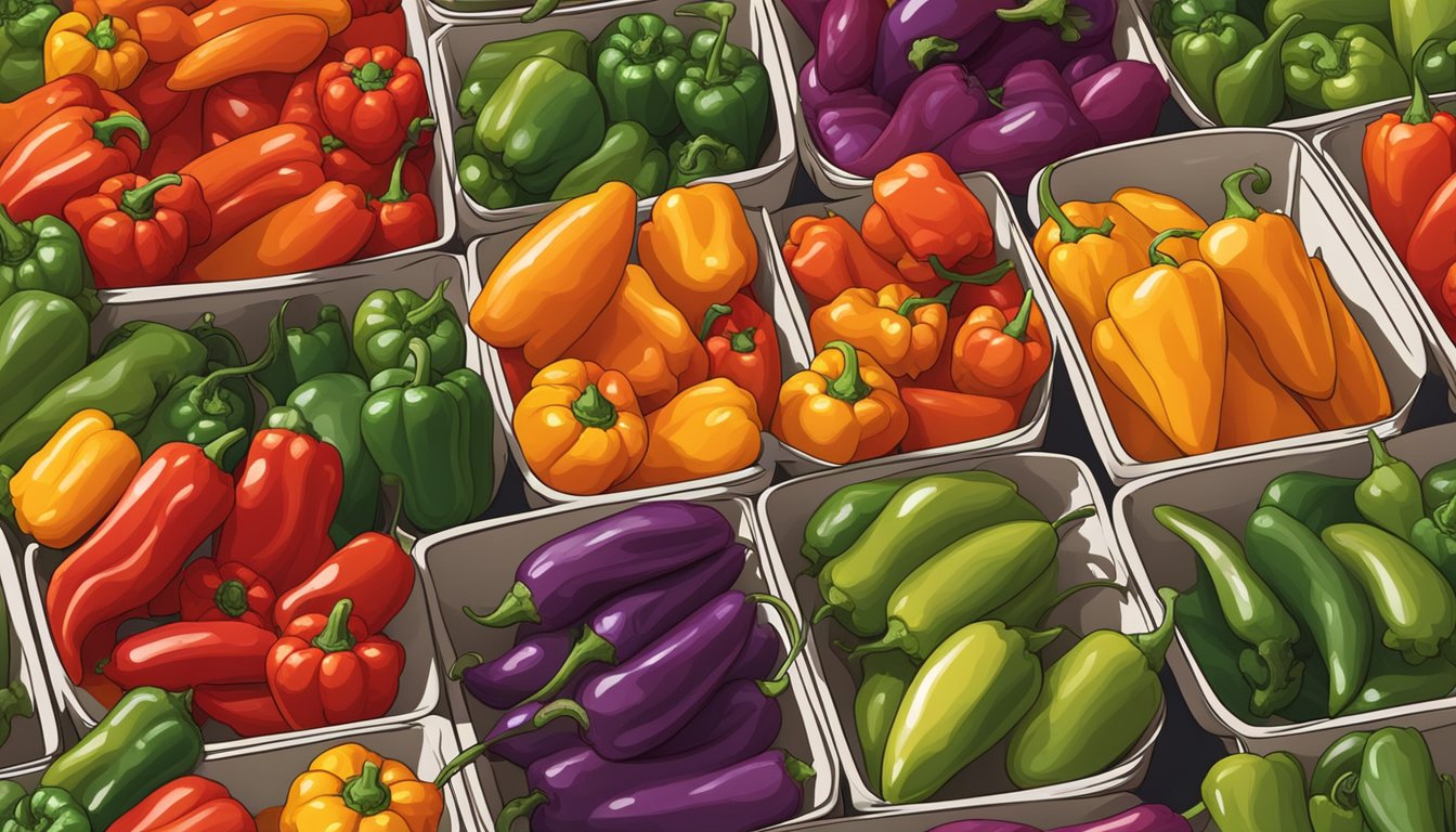 A variety of peppers arranged in a colorful display, including habanero substitutes