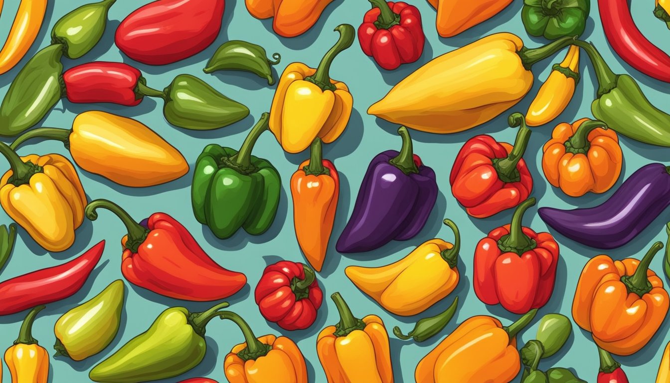 A variety of colorful and vibrant peppers arranged in a circle, including habaneros and their potential substitutes