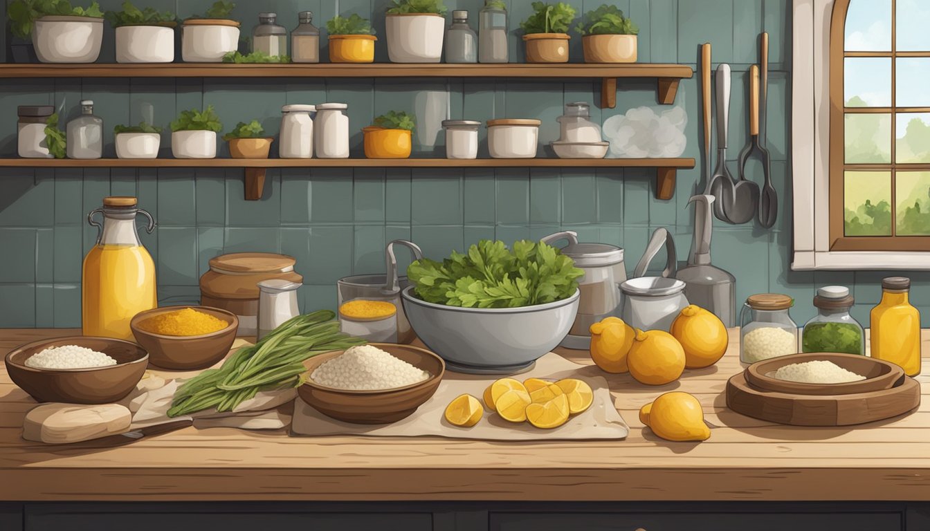 A rustic kitchen counter with various ingredients and tools for making homemade halloumi substitutes