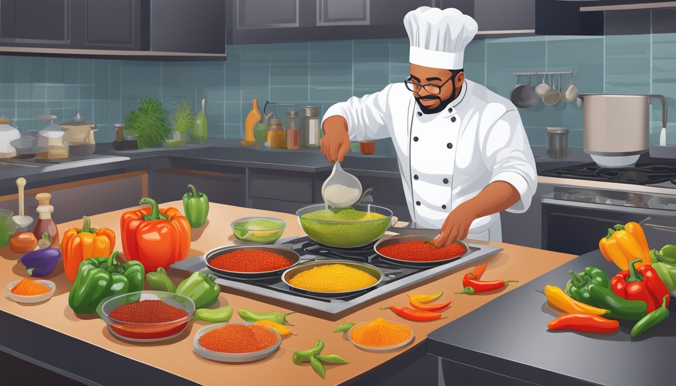 A chef adds habanero substitutes to a simmering dish, adjusting the heat. A variety of colorful peppers and spices are neatly arranged on the kitchen counter