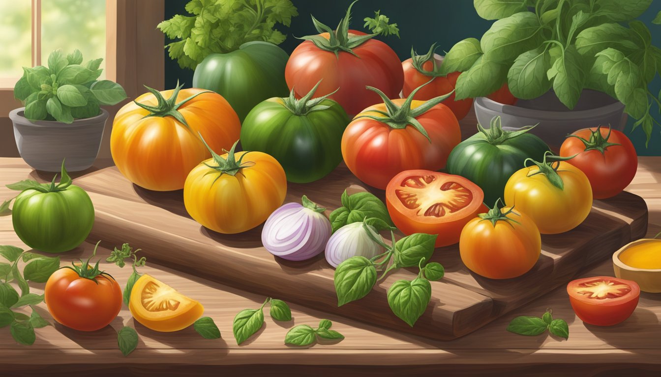 A variety of colorful heirloom tomatoes and their substitutes arranged on a wooden cutting board, surrounded by fresh herbs and a rustic kitchen backdrop