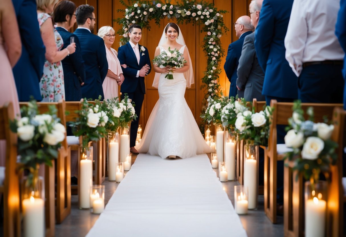 A bride walks down the aisle to the sound of soft, romantic music, surrounded by flowers and candles