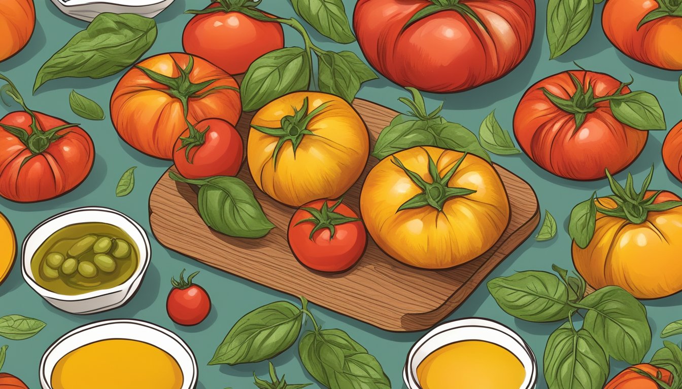 A variety of heirloom tomatoes arranged on a wooden cutting board, surrounded by fresh basil leaves and a small bowl of olive oil