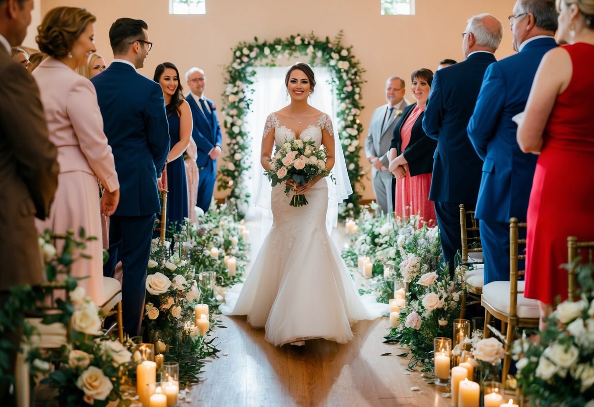 A bride walks down the aisle to the sound of soft music, surrounded by flowers and candles, with guests watching in anticipation