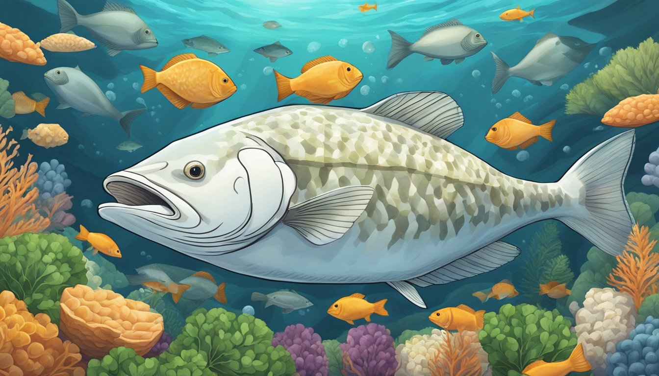 A halibut swimming in a school of fish, surrounded by various alternative ingredients like tofu, mushrooms, and vegetables