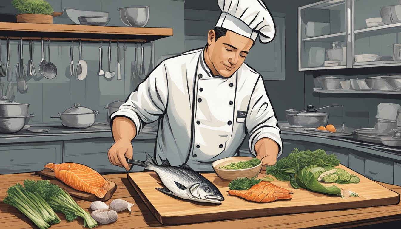 A chef comparing various fish options on a cutting board