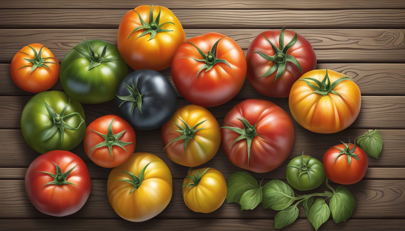 A colorful array of ripe heirloom tomatoes arranged on a rustic wooden table