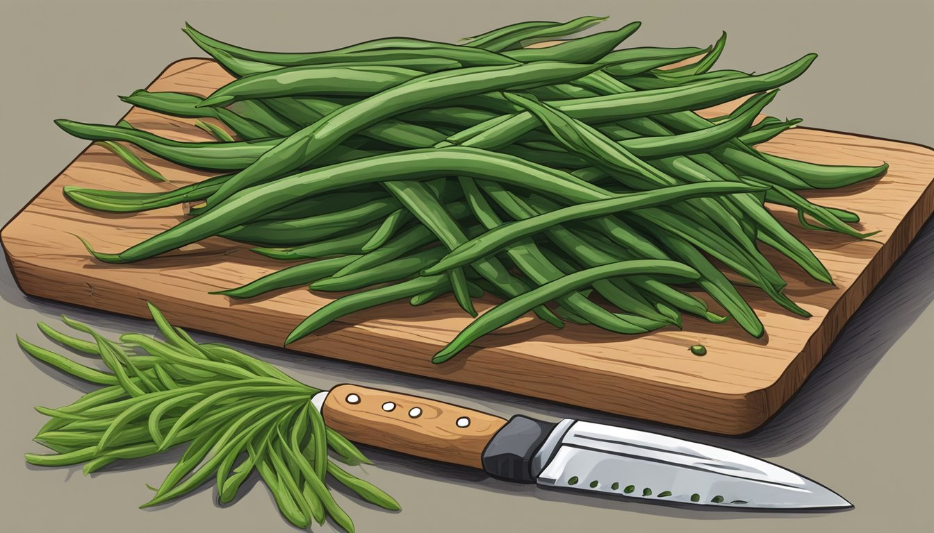 A pile of haricot verts sits on a wooden cutting board, surrounded by fresh herbs and a sharp knife