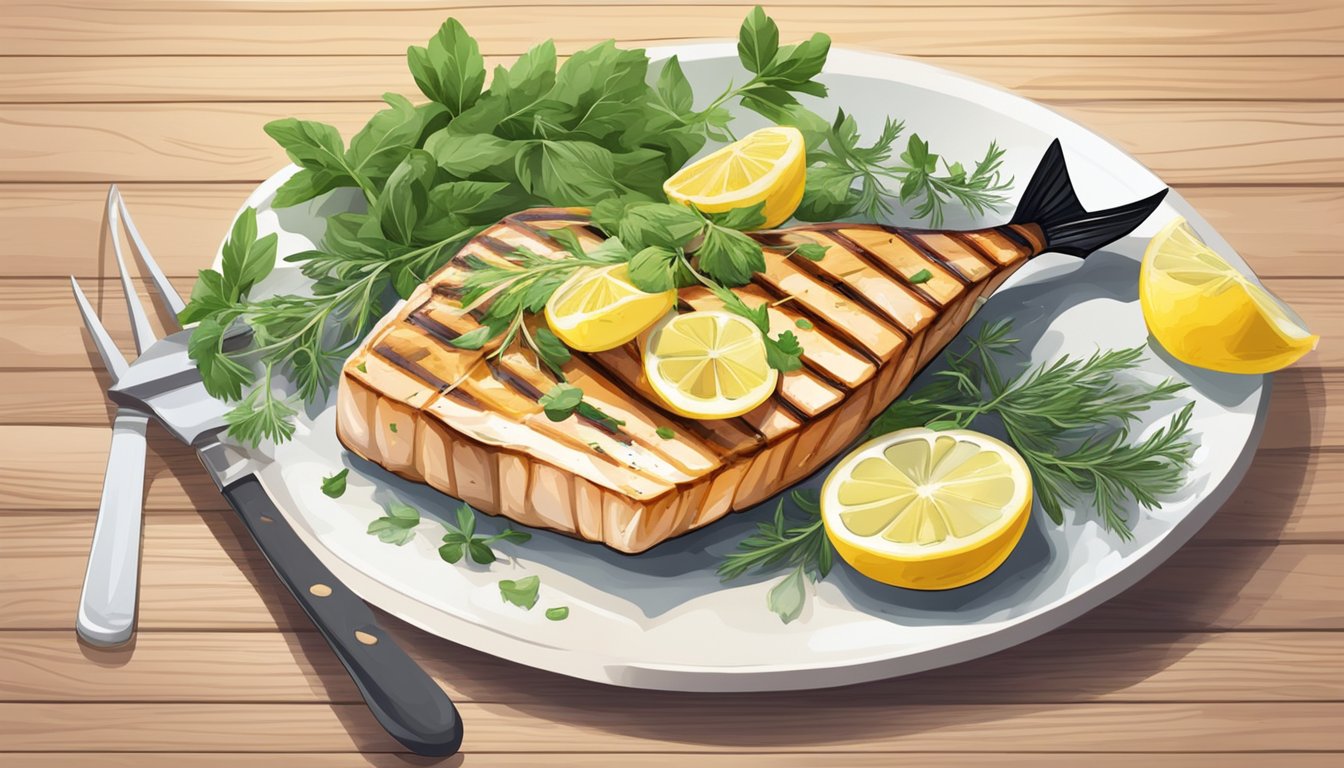 A plate with a grilled piece of swordfish, surrounded by fresh herbs and lemon slices, sits on a wooden table