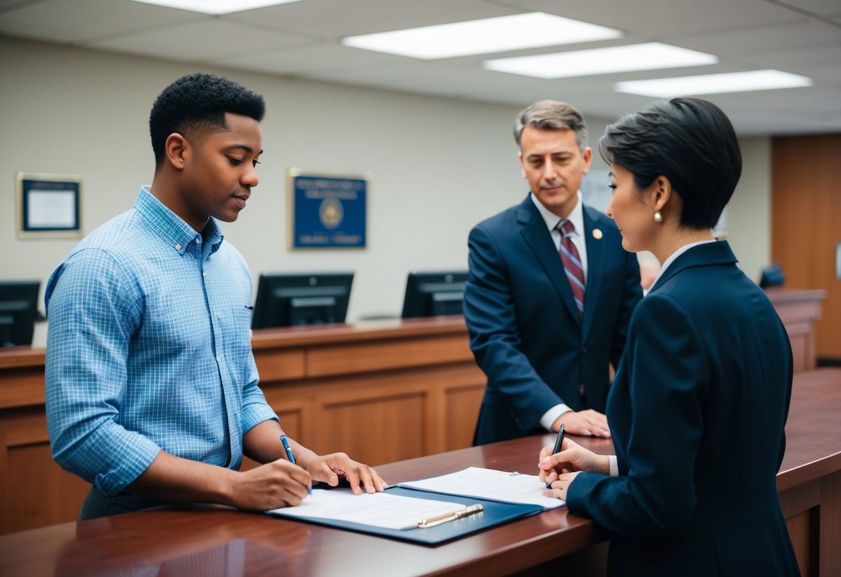 A person standing at a government office counter, filling out paperwork and speaking with an official