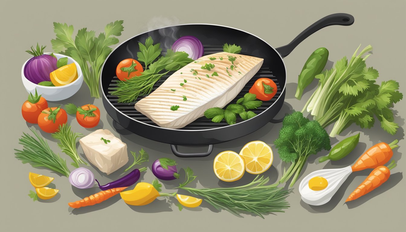 A chef grills halibut and its substitutes on a sizzling hot pan, surrounded by fresh herbs and colorful vegetables