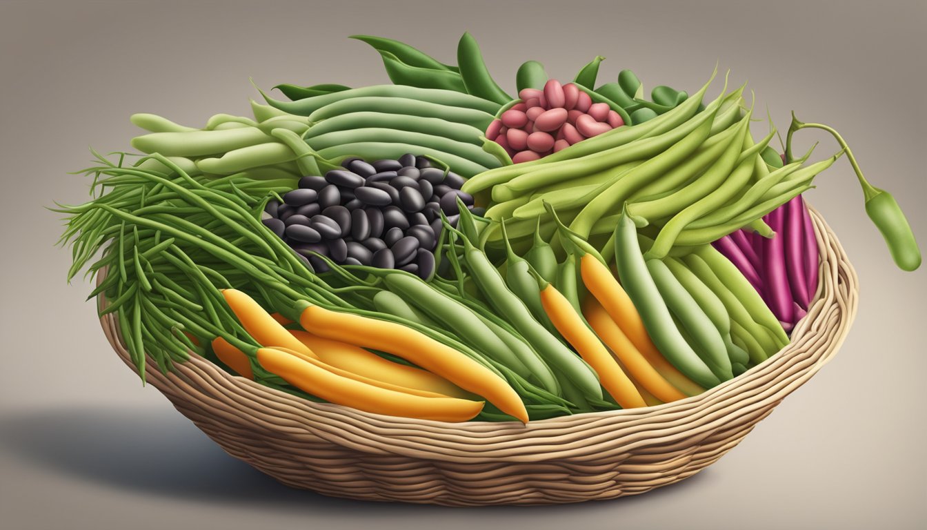 A colorful array of top bean varieties arranged in a basket, with haricot verts placed prominently in the center