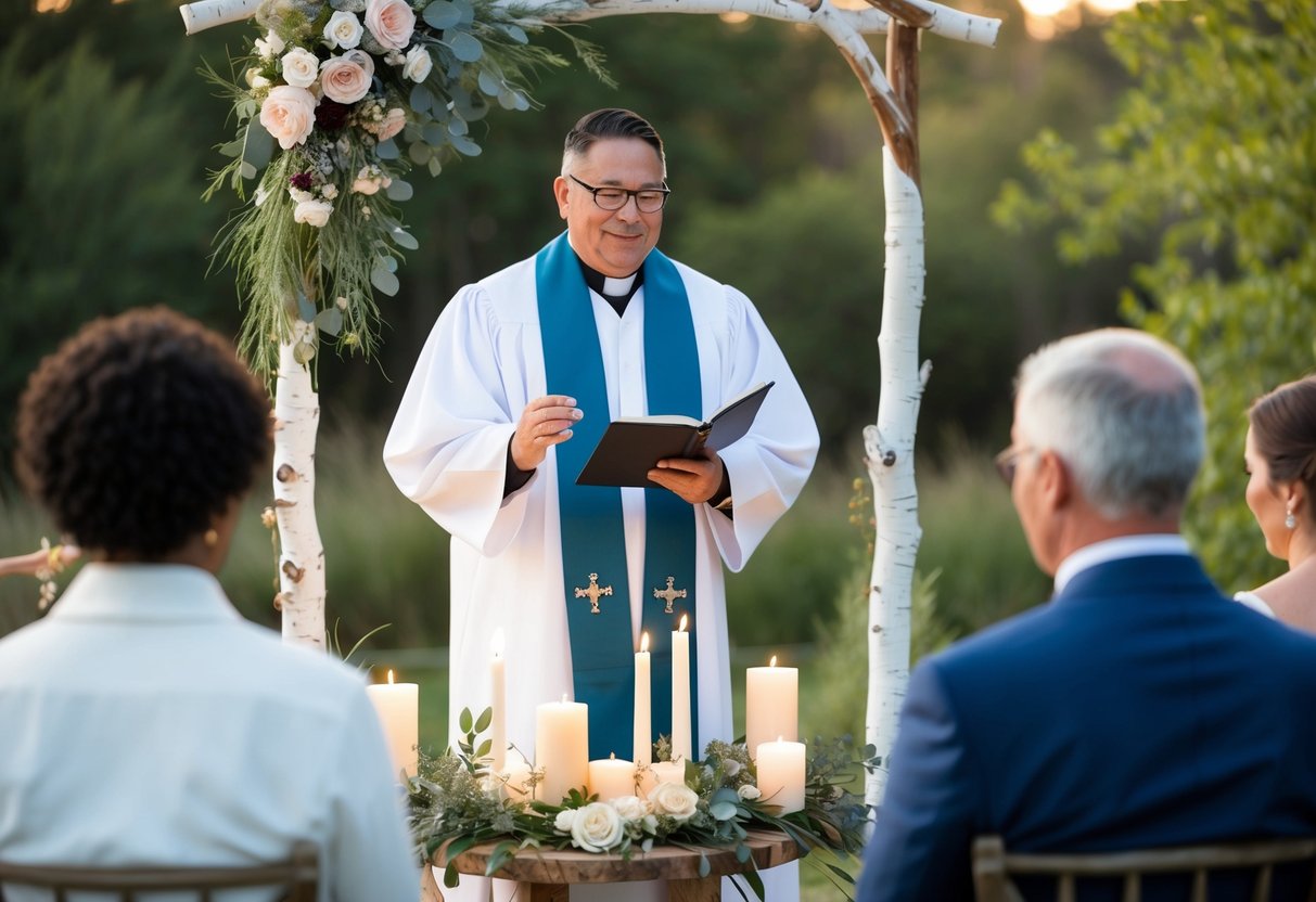 A celebrant leading a ceremony in a serene outdoor setting, surrounded by nature and symbolic elements like candles and flowers