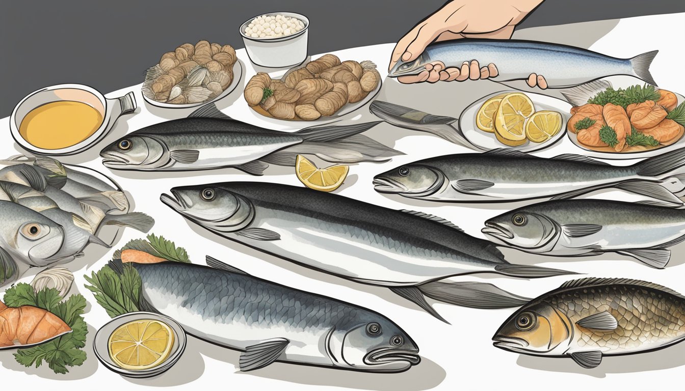 A person holding a plate with various types of fish, including halibut substitutes, with a focus on their health benefits