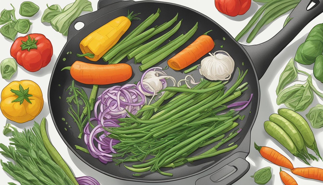 Haricot verts being chopped and tossed in a skillet with other vegetables