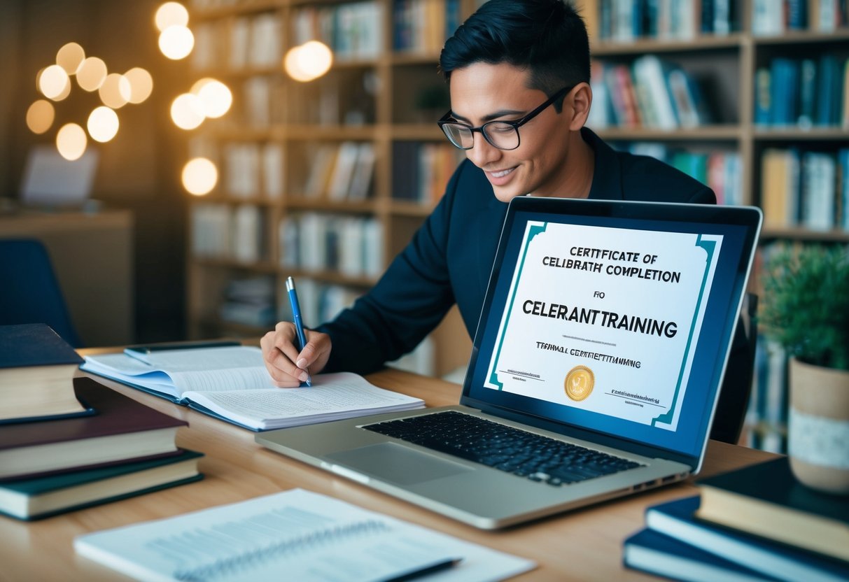 A person studying at a desk with a laptop, surrounded by books, notes, and a certificate of completion for Celebrant Training