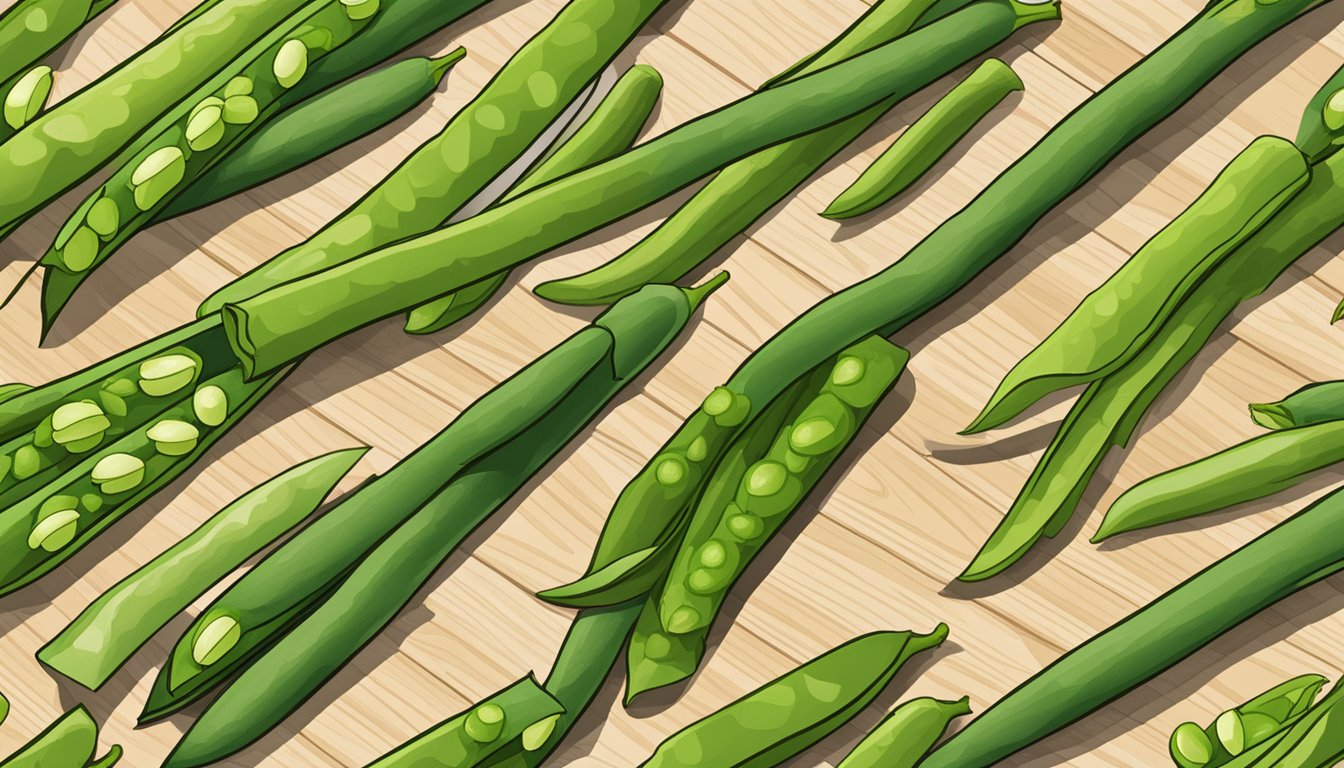 Fresh green beans, asparagus, and sugar snap peas arranged on a wooden cutting board. A variety of non-bean substitutes for dietary restrictions