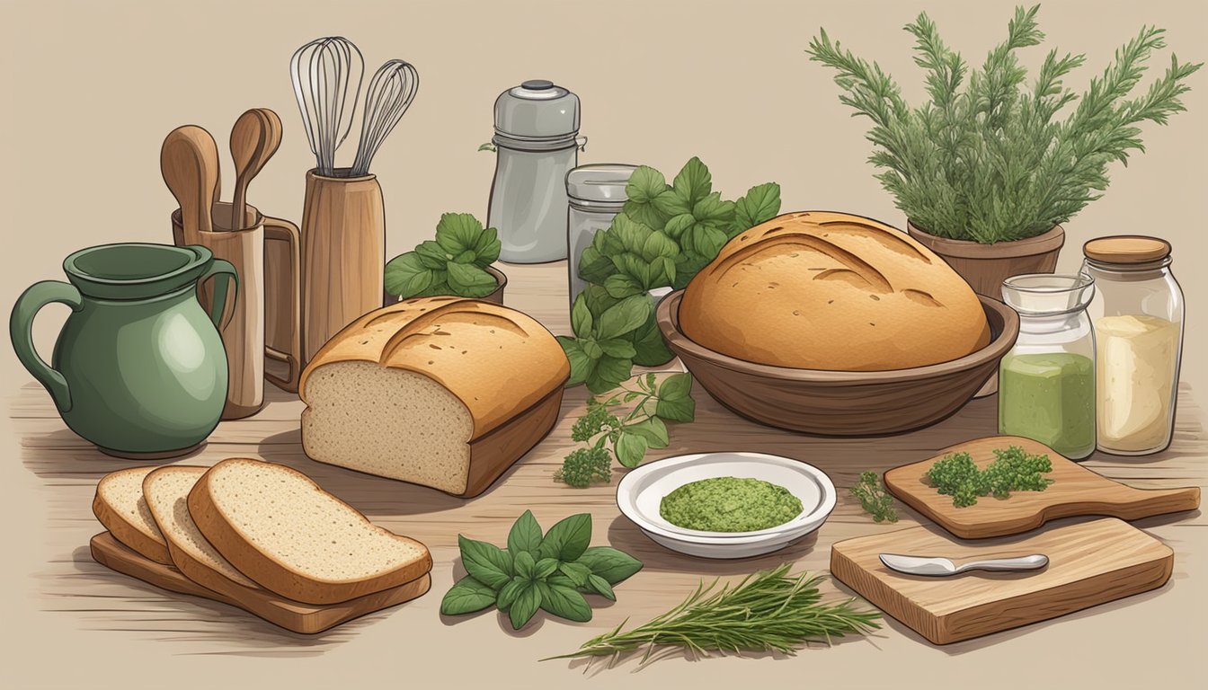 A rustic kitchen table with a loaf of herb bread surrounded by various substitute ingredients such as gluten-free bread, crackers, and fresh herbs