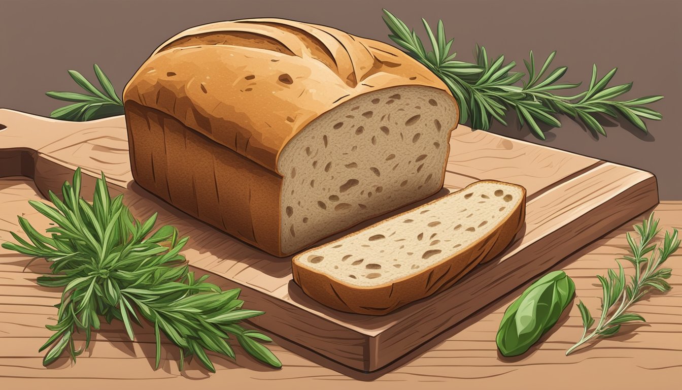 A loaf of herb-infused bread surrounded by fresh rosemary and thyme, with a sprig of basil on a wooden cutting board