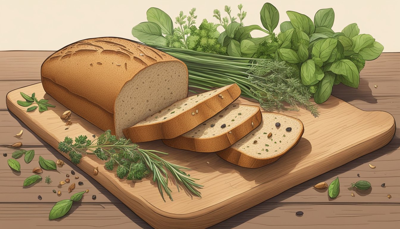 A wooden cutting board with a variety of fresh herbs and seeds scattered around, alongside a loaf of herb-infused bread