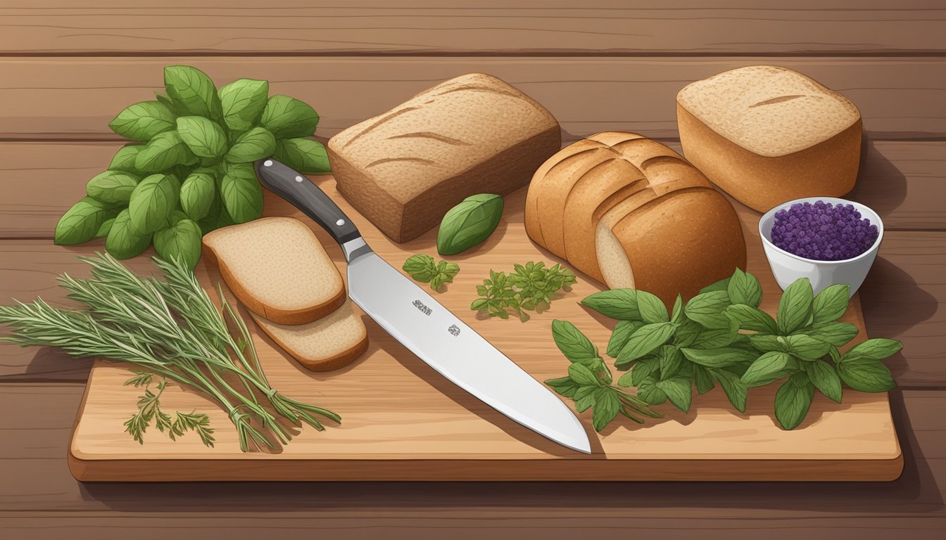 A variety of fresh herbs and bread loaves laid out on a wooden cutting board, with a chef's knife nearby for slicing