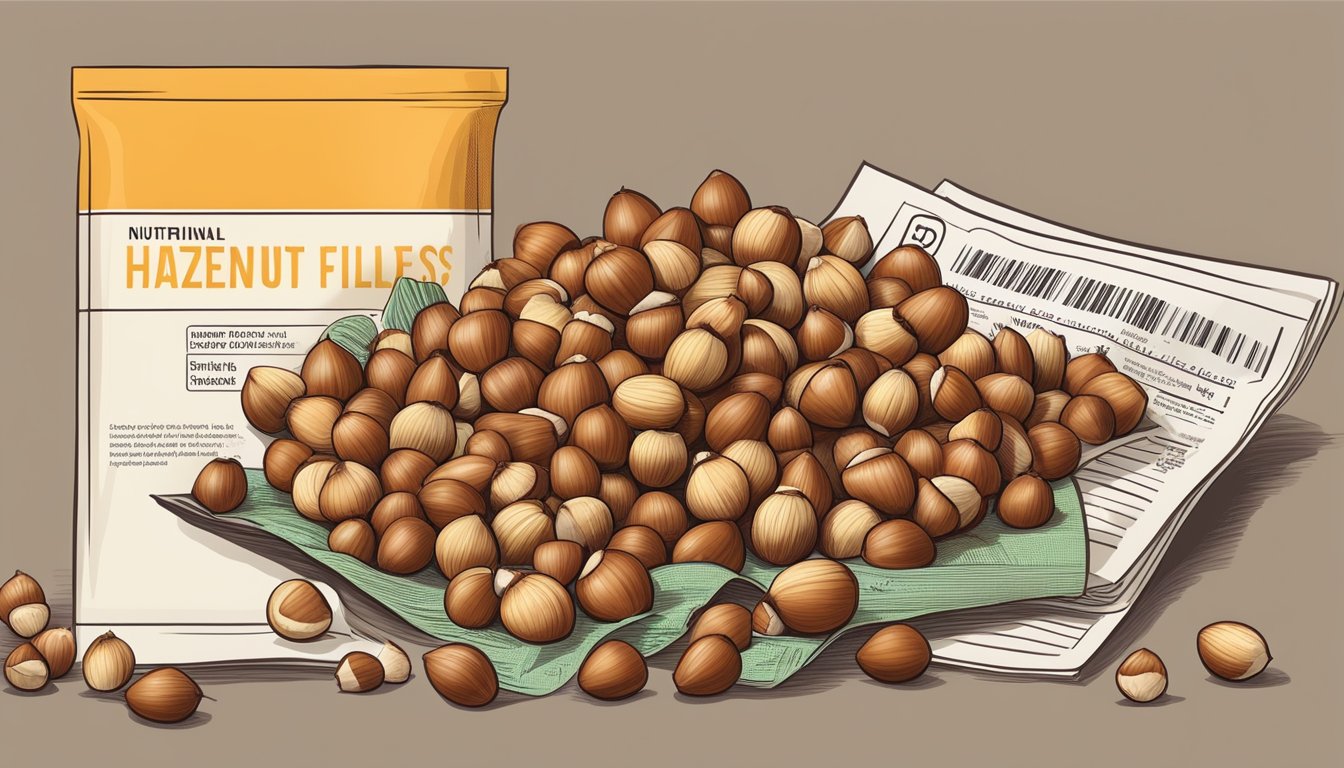 A pile of hazelnuts and filberts arranged next to a nutritional information label