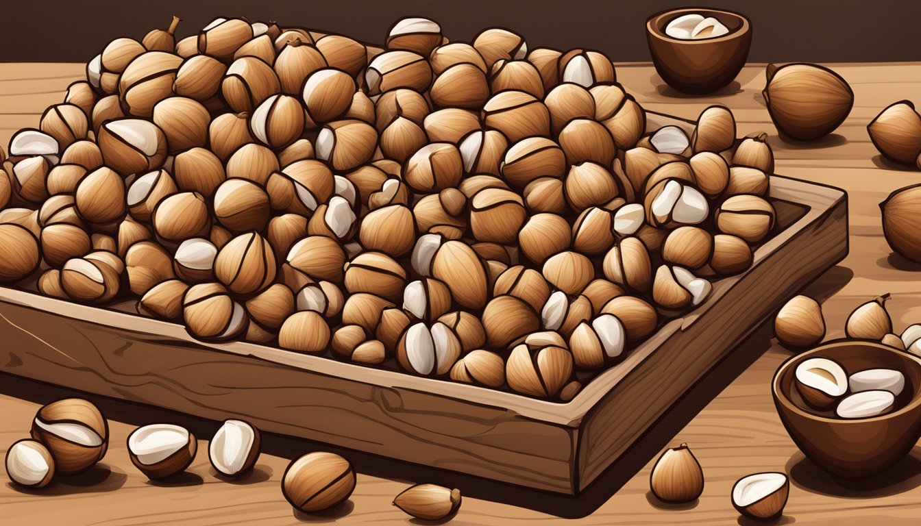 A pile of hazelnuts and filberts arranged on a wooden cutting board, with a scattering of whole and cracked nuts