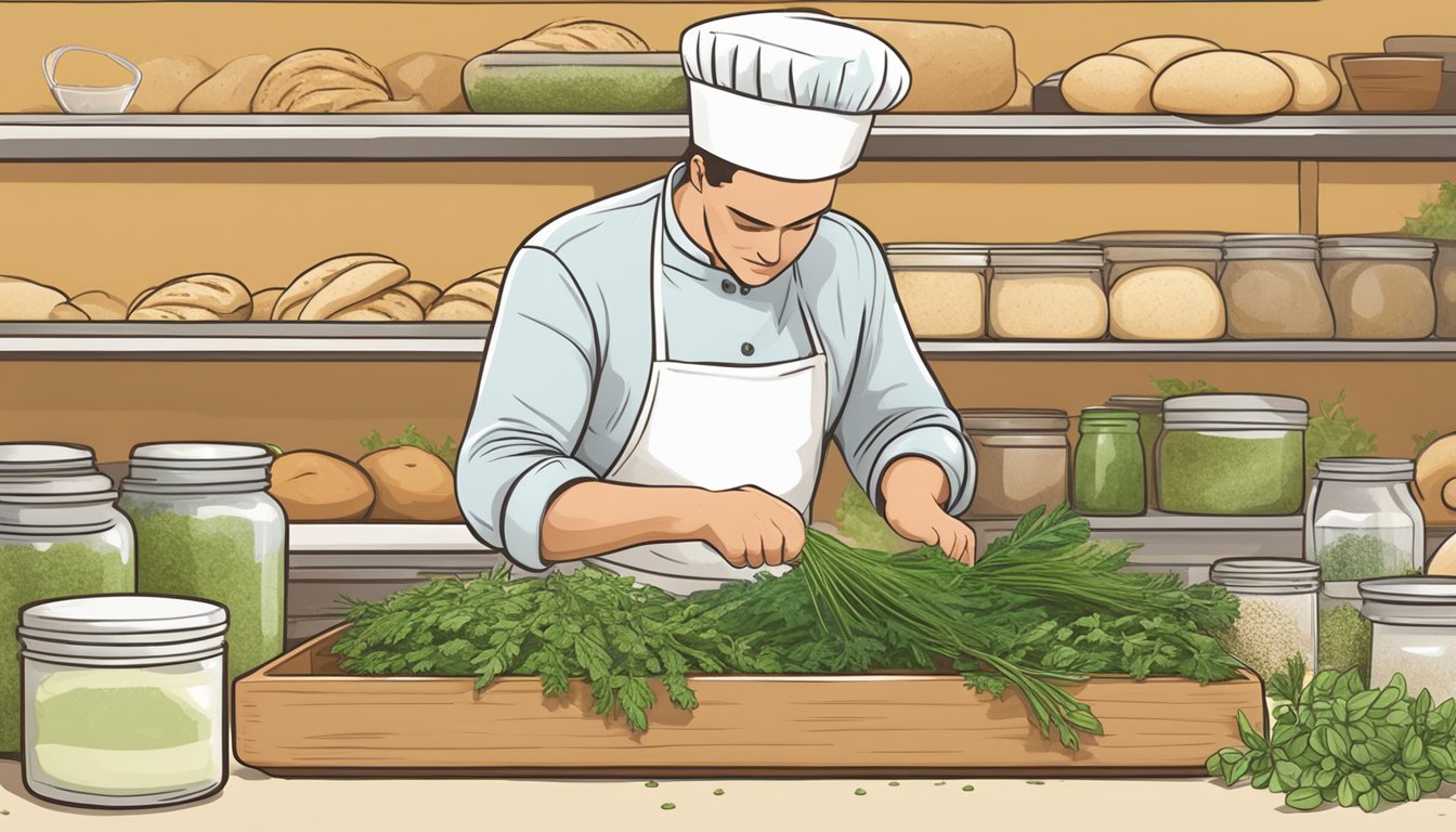 A baker adding fresh herbs to dough for herb bread substitutes