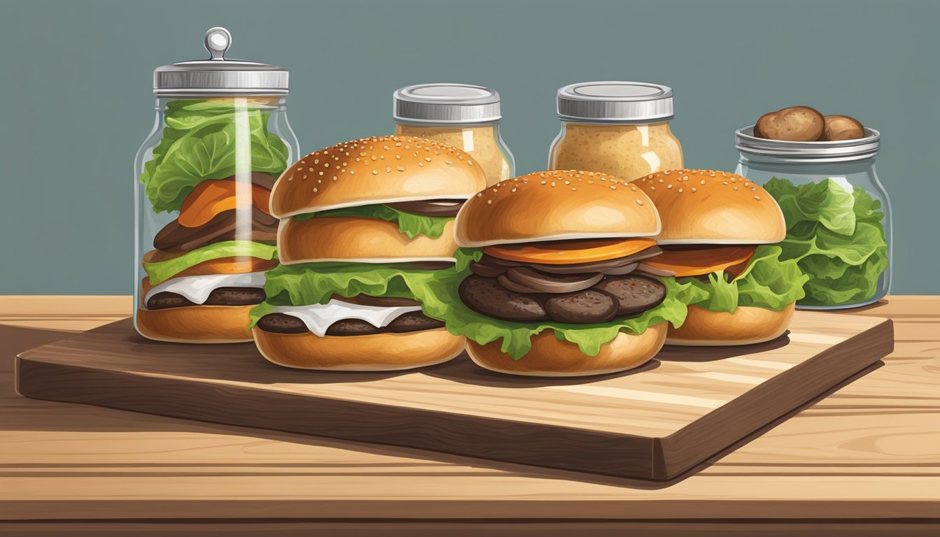 A stack of various hamburger bun substitutes, including lettuce wraps, portobello mushrooms, and sweet potato slices, arranged on a wooden cutting board