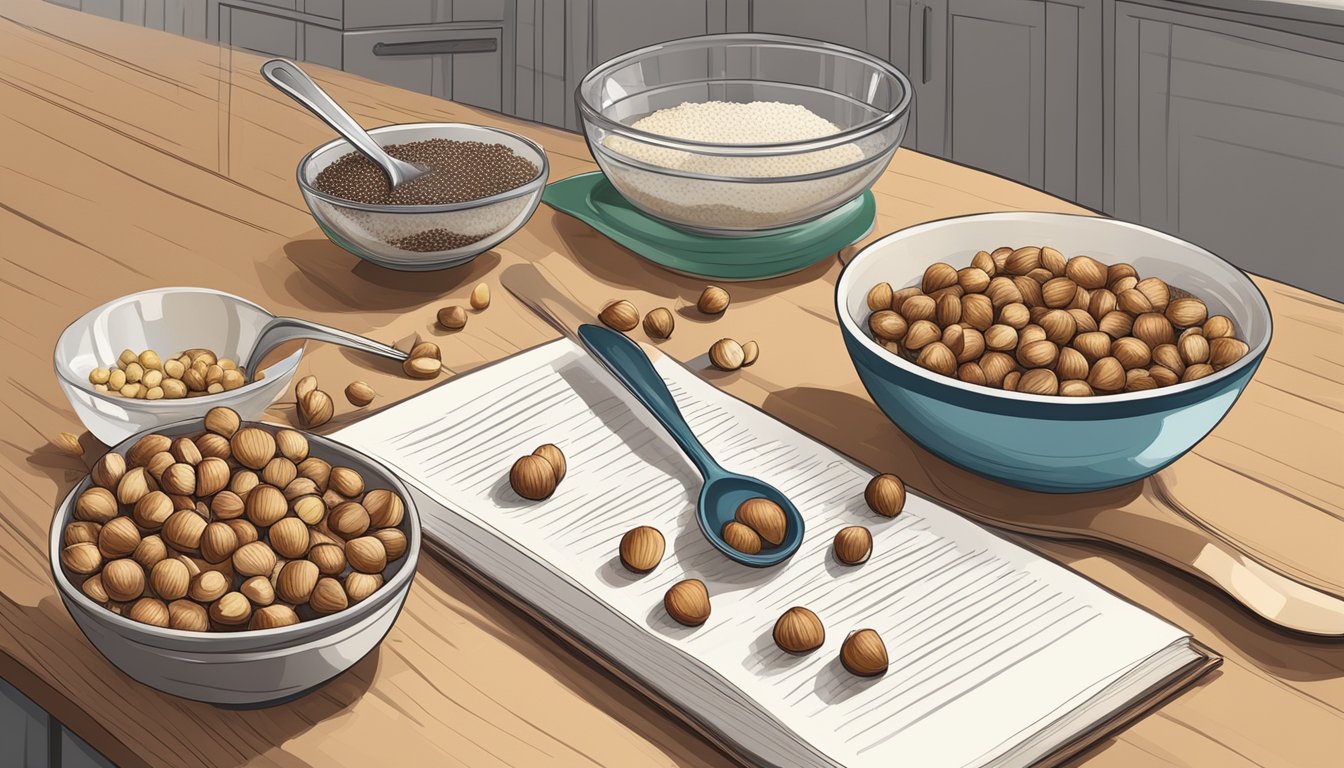 A kitchen counter with bowls of hazelnuts and filbert substitutes, a mixing spoon, and a recipe book open to a page on baking with substitutes