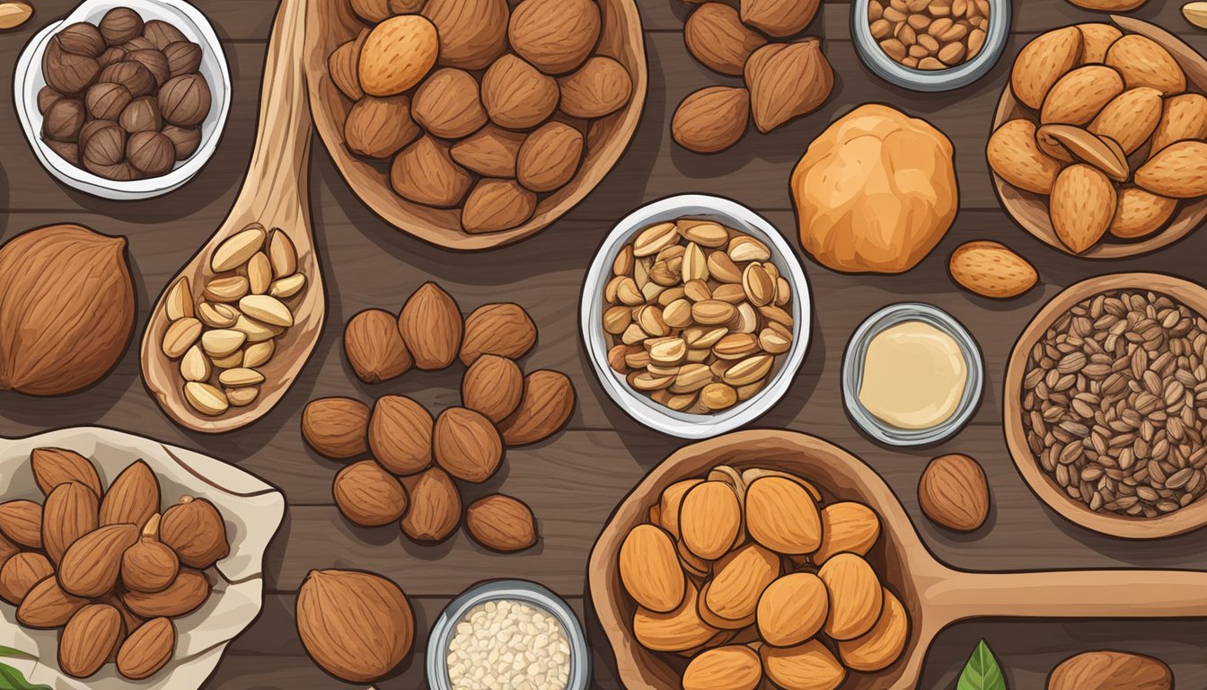 A person holding a hazelnut and a variety of alternative substitutes, such as almonds, cashews, and walnuts, laid out on a wooden cutting board