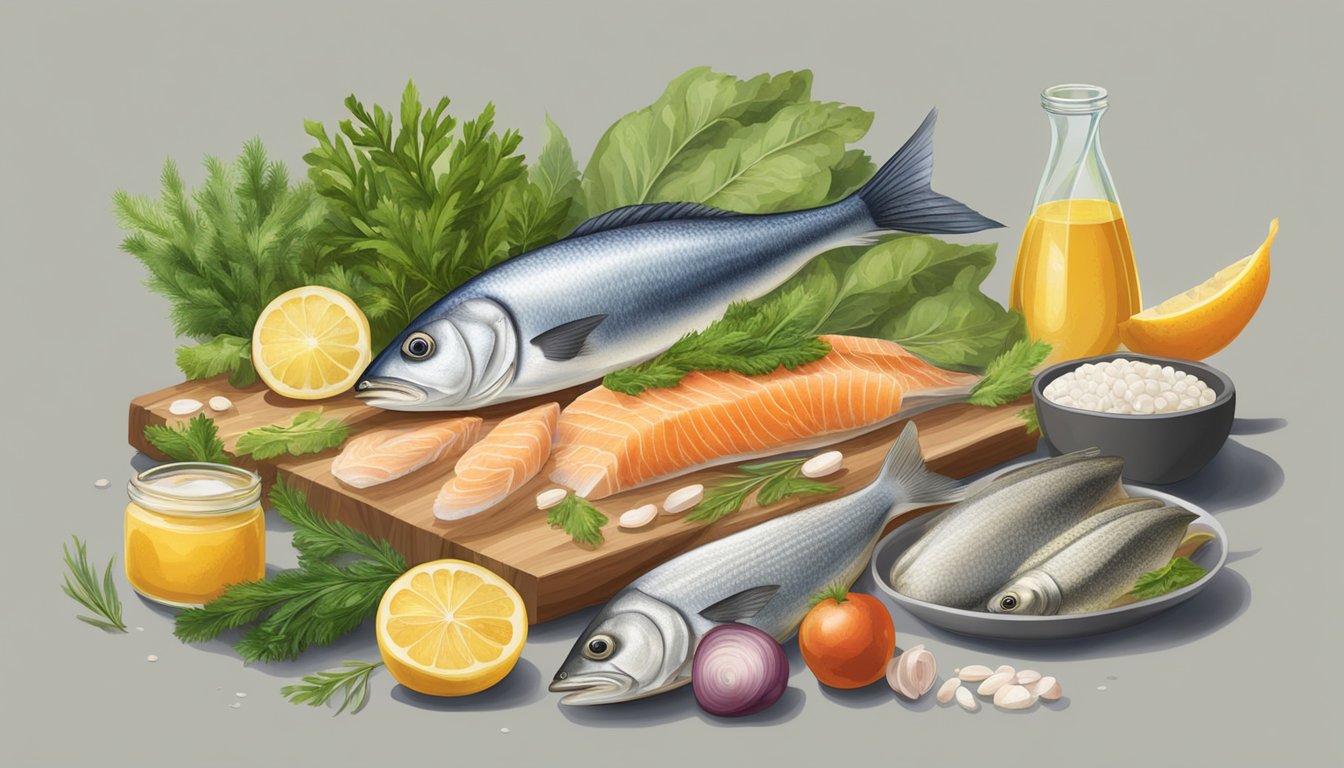 A variety of fish and plant-based products arranged on a table, with a focus on herring and its substitutes