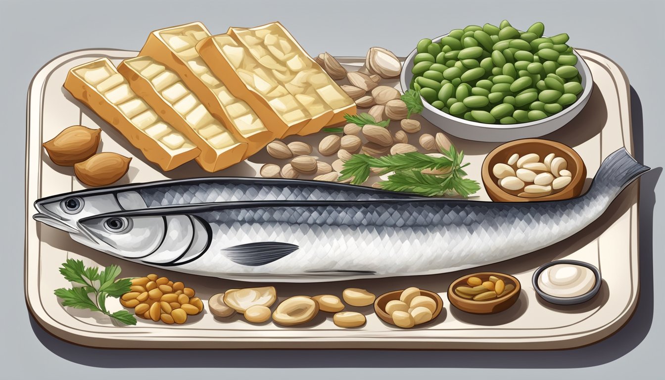 A plate of herring and various substitute options, such as tofu, beans, and nuts, arranged in a balanced and visually appealing manner