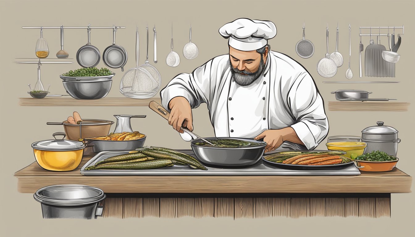 A chef grilling, baking, and pickling herring for various dishes