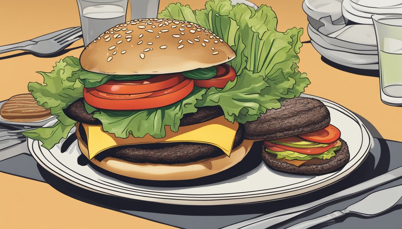 A plate holds a grilled portobello mushroom cap, lettuce, tomato, and a veggie patty, arranged to resemble a burger