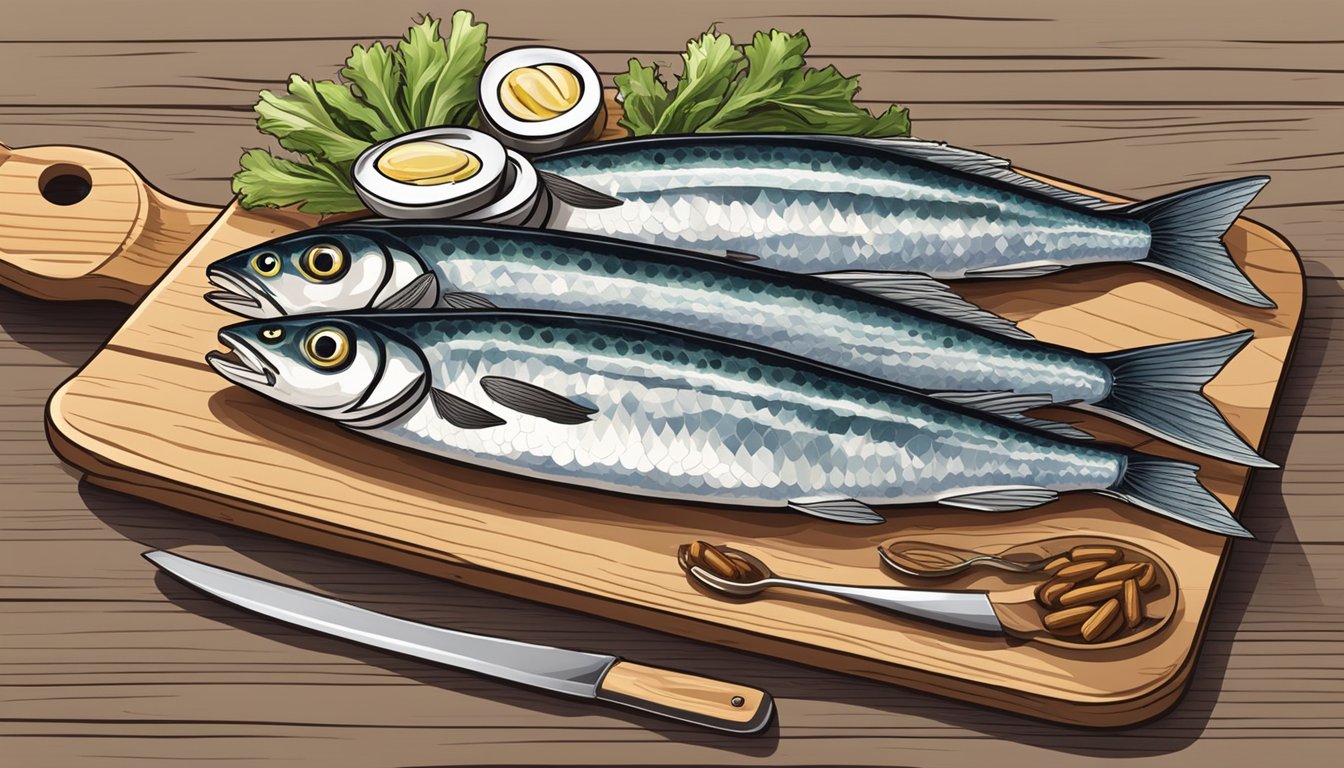 A variety of fish, such as sardines, mackerel, and anchovies, arranged on a wooden cutting board