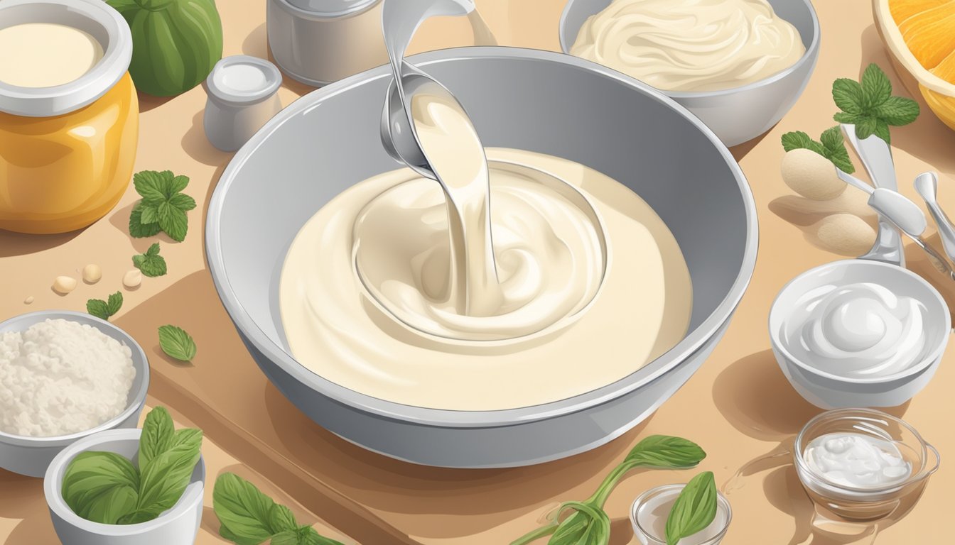 A bowl of heavy cream being poured into a mixing bowl surrounded by various ingredients and kitchen utensils