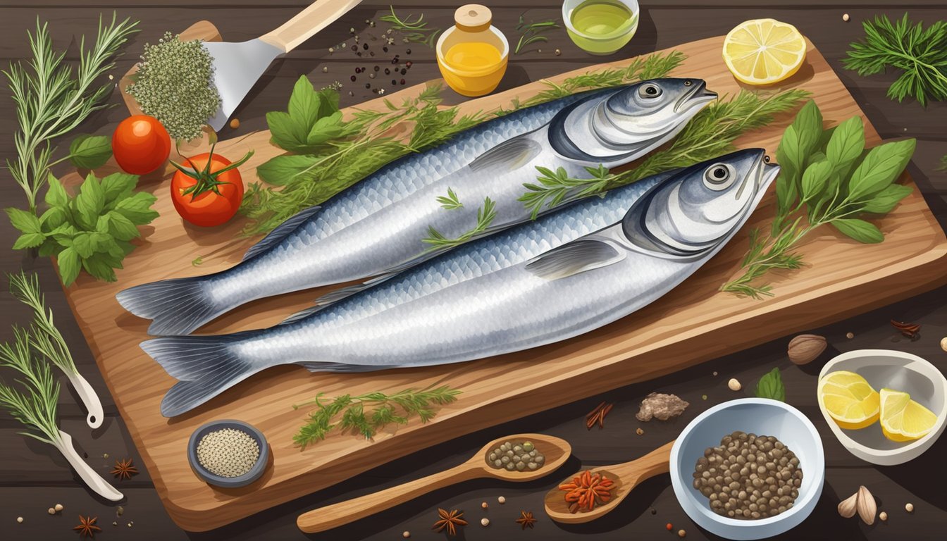 A variety of herring substitutes arranged on a wooden cutting board, surrounded by colorful herbs, spices, and kitchen utensils