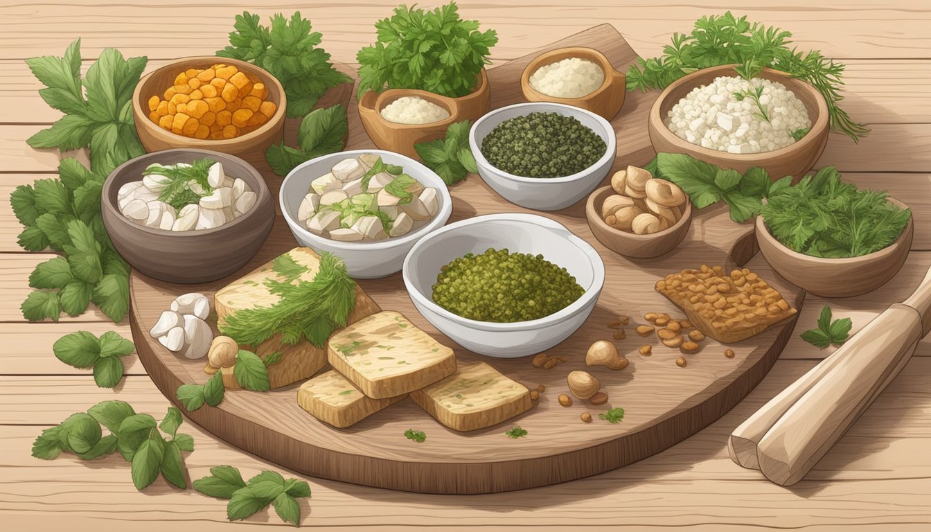 A variety of herring substitutes, such as tofu, tempeh, and mushrooms, displayed on a wooden cutting board with fresh herbs and spices