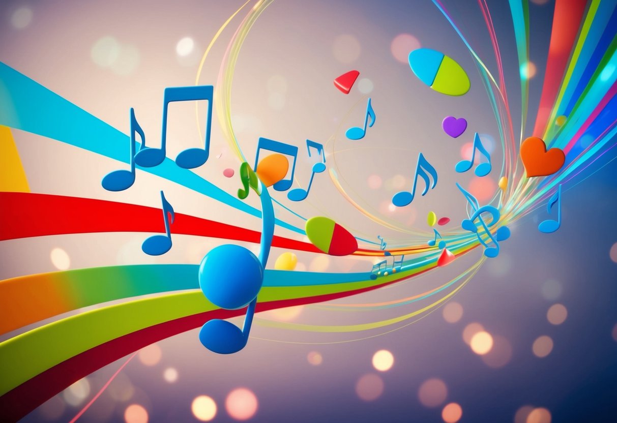 A lively song playing as colorful shapes and lines swirl and move in rhythm