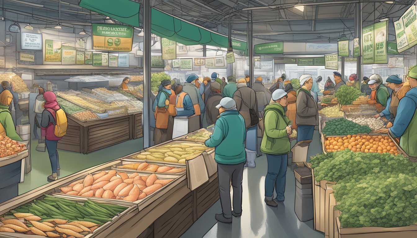 A bustling fish market with various sustainable herring substitutes on display, surrounded by eco-friendly packaging and signage promoting environmental impact and sustainability