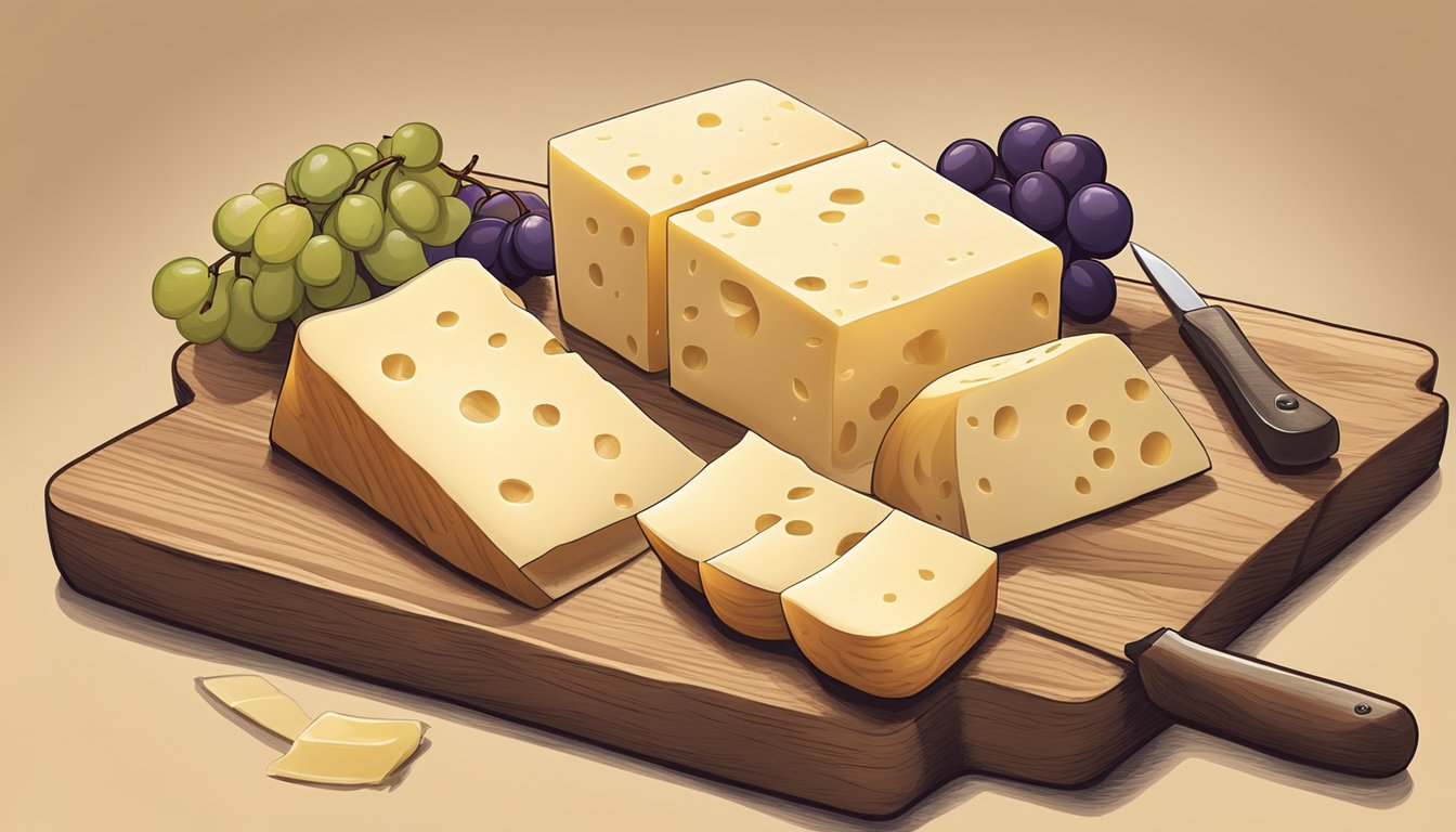 A block of havarti cheese sits on a wooden cutting board, surrounded by slices of bread, grapes, and a knife