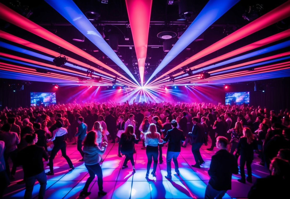 A crowded dance floor pulsing with colorful lights and energetic music