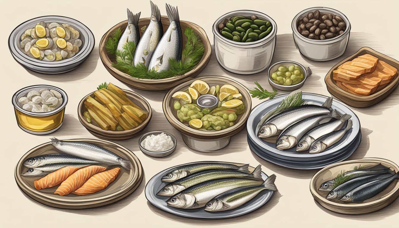 A table with a variety of herring products and their substitutes, such as pickled herring, herring fillets, and alternative seafood options like sardines and mackerel