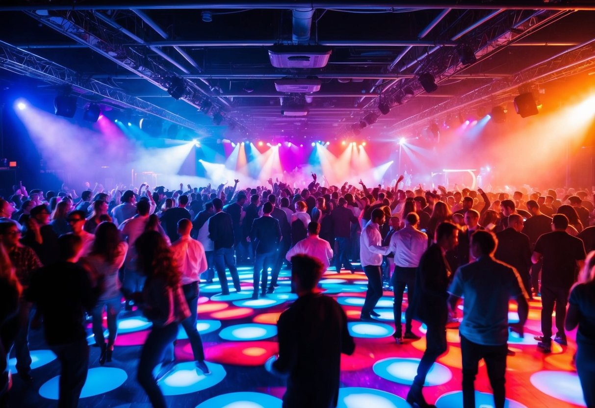 A crowded dance floor pulsing with colorful lights and energetic music
