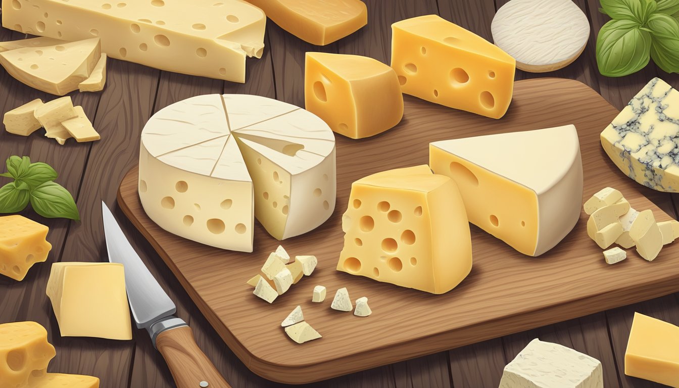 A selection of alternative cheeses arranged on a wooden cutting board, including gouda, cheddar, and brie