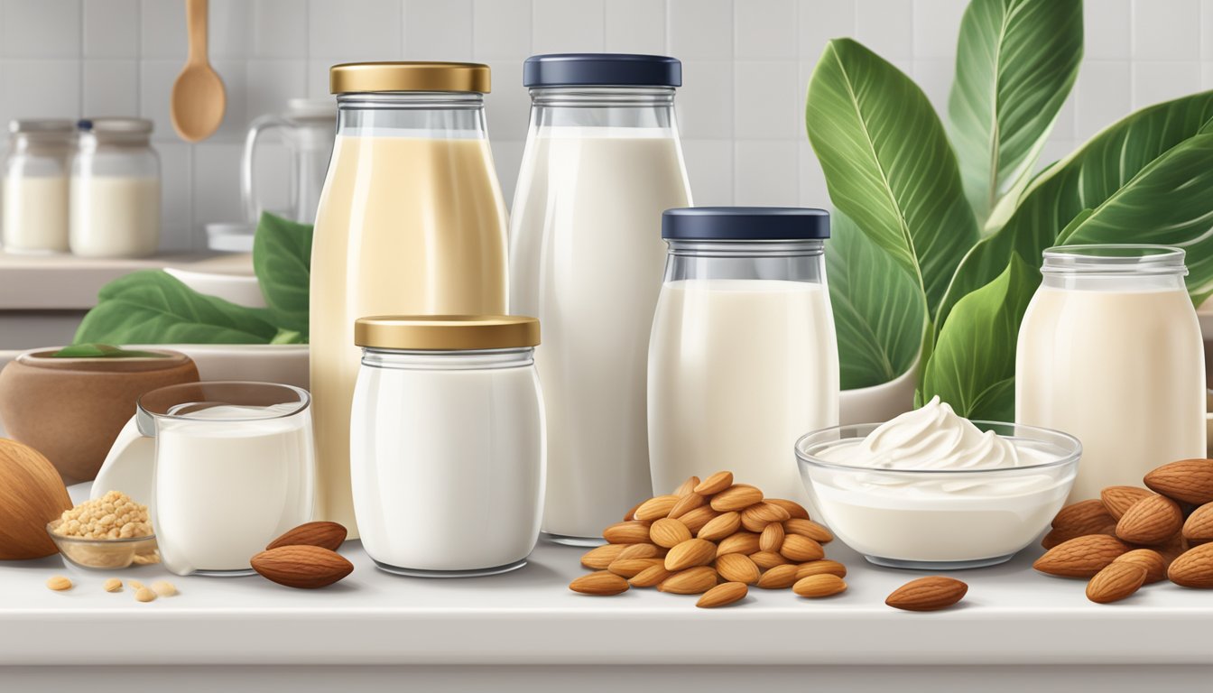 A variety of plant-based and dairy-free cream substitutes arranged on a kitchen counter, including almond milk, coconut milk, and cashew cream