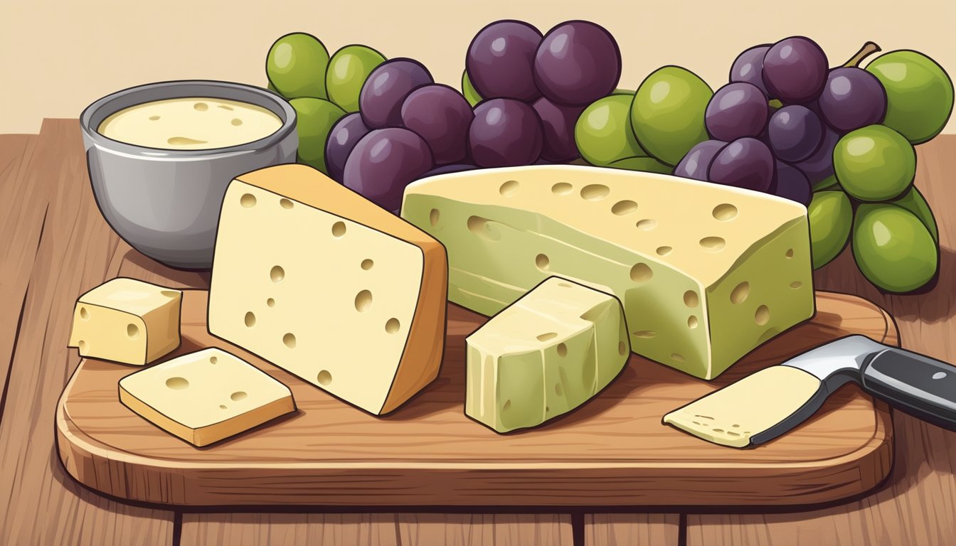 A spread of non-dairy and vegan havarti cheese substitutes on a wooden cutting board with sliced bread and grapes