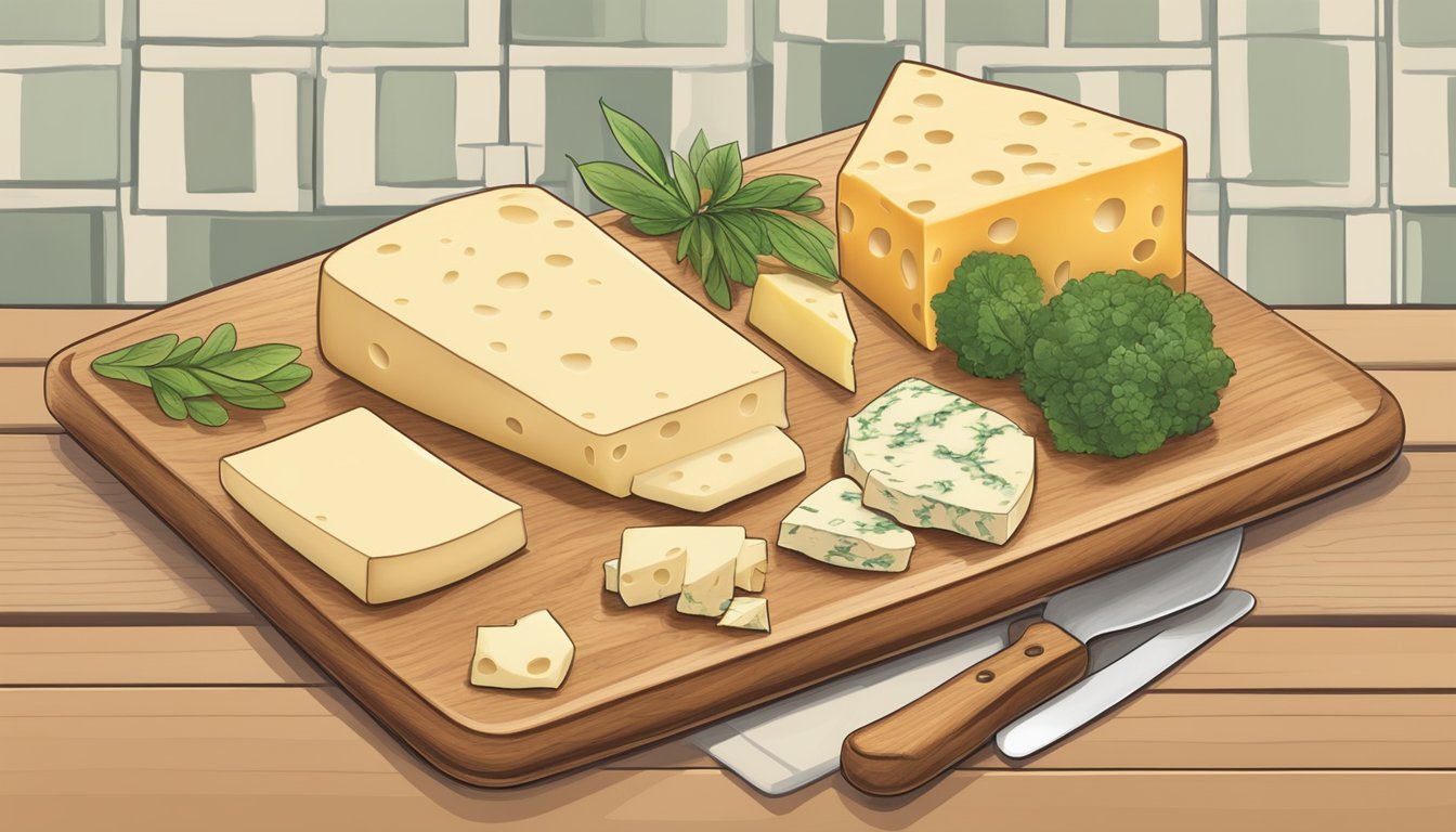 A cutting board with slices of havarti cheese and various substitute options, such as plant-based alternatives and other cheese varieties, arranged for comparison