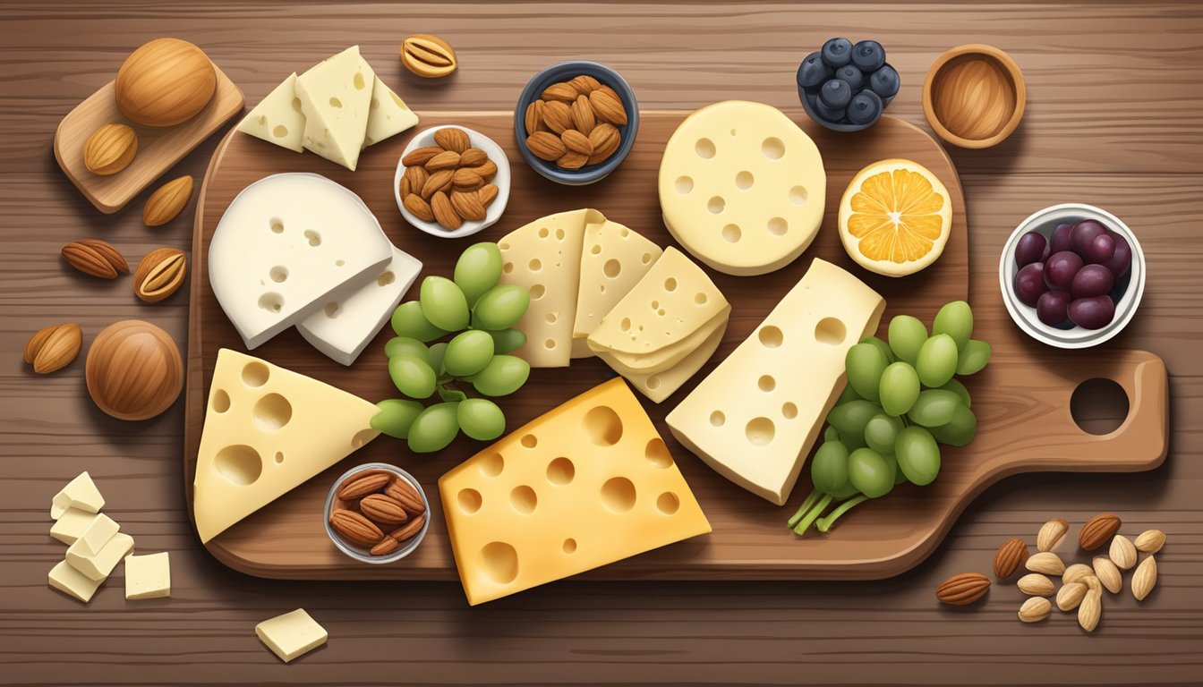 A cheese platter with various havarti substitutes, including plant-based and dairy-free options, displayed on a wooden board with fresh fruit and nuts